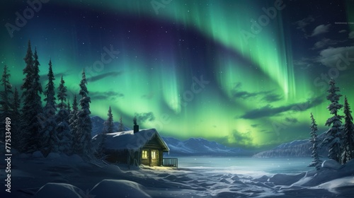 A cozy cabin is surrounded by snow and trees under a sky lit by the green glow of the Aurora Borealis.