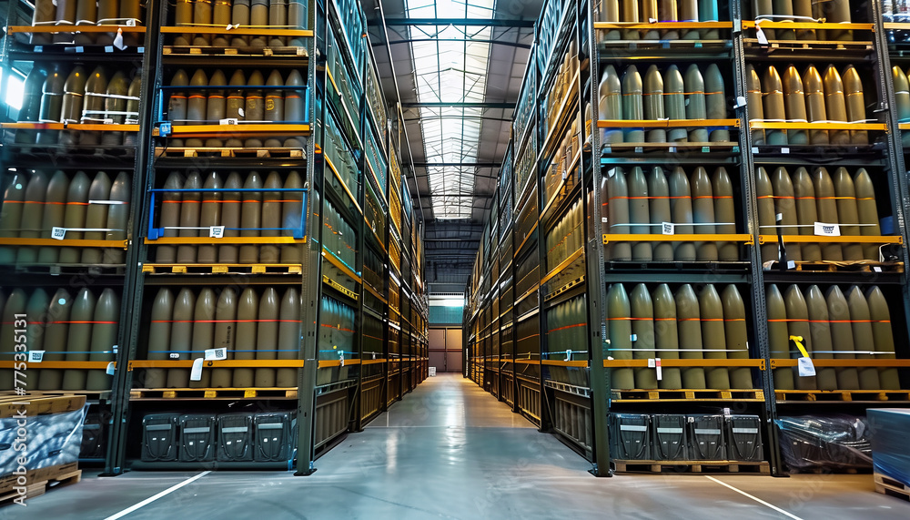 Fototapeta premium Huge artillery shells fulfillment stock center of giant fulfillment center of defense systems, precision weapons Arms industry company with millions of shells stored on Storage Racks. Defense industry