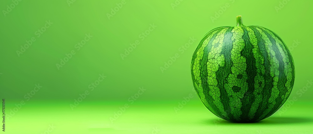 A massive green watermelon rests atop a verdant table alongside a smaller green one A massive green watermelon rests atop a verdant table alongside a smaller green one