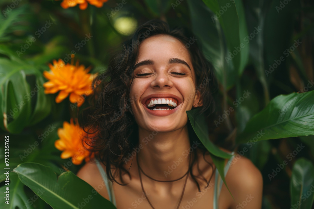 smiling young woman with curly hair in tropical garden, vibrant flowers, cheerful expression, greenery background, outdoor setting, summer smiling young woman with curly hair in tropical garden, vibrant flowers, cheerful expression, greenery background, outdoor setting, summer