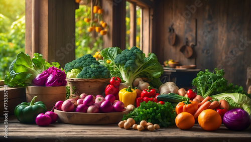 beautiful and tasty set of veggies placed on a rustic wooden table somewhere in the countryside