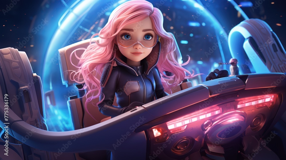 A pink-haired woman with blue eyes wearing a black leather jacket and glasses. The background is blue, there are two planets on the right, and a blue sphere on the left.