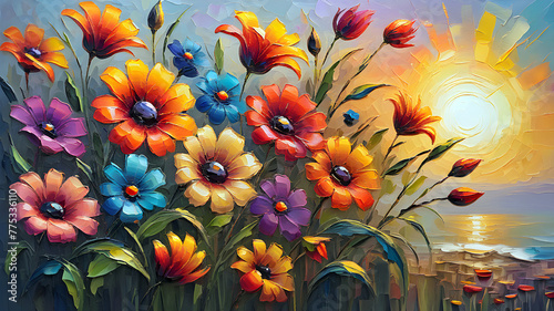 beautiful bright wild flowers against the background of sunrise. flowering fi...
