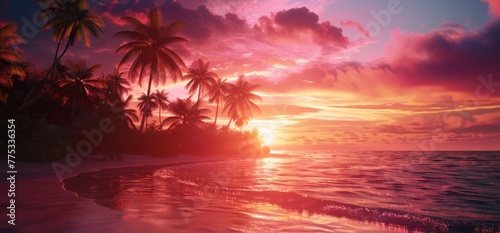 A vibrant sunset over the palm trees on an exotic beach, creating a breathtaking and colorful scene that evokes feelings of relaxation and bliss Generative AI