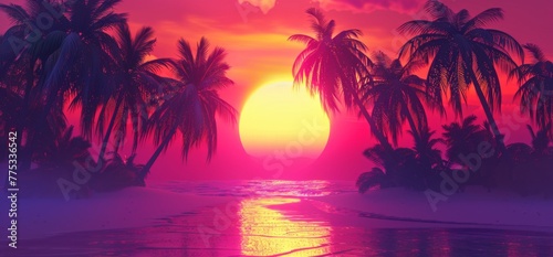 A vibrant sunset over the palm trees on an exotic beach, creating a breathtaking and colorful scene Generative AI