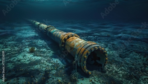 Pipeline in the blue waters of the sea. Pipeline transportation is most common way of transporting goods such as oil, natural gas or water on long distances. AI generated illustration