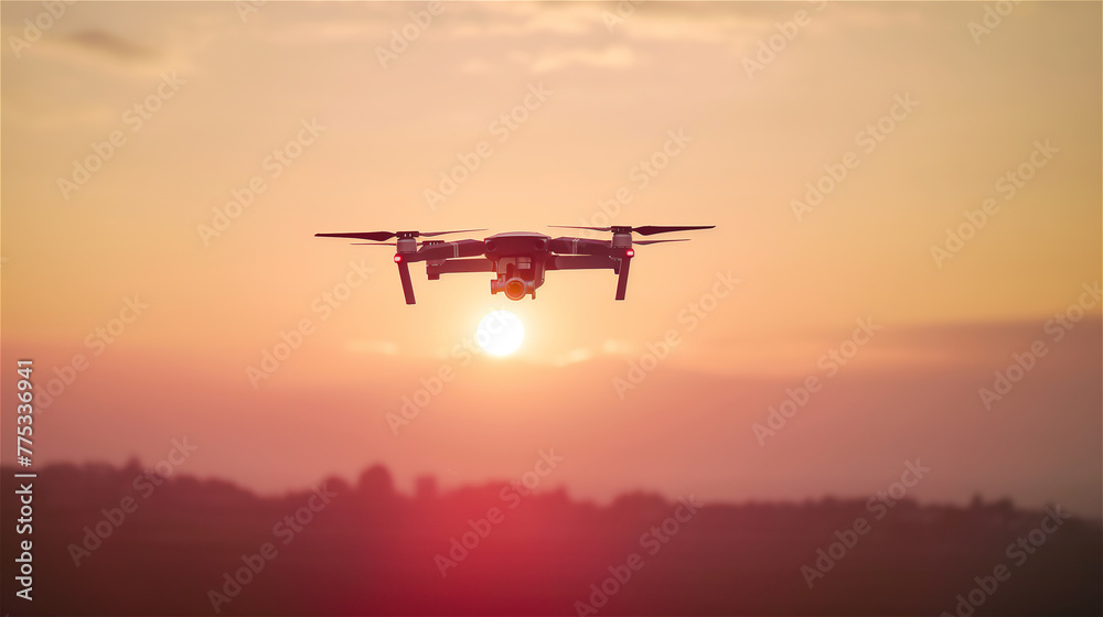Drone flying during sunset.