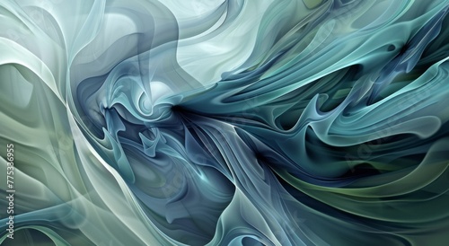 A digital art piece featuring an abstract representation of wind, with swirling lines and fluid shapes in shades of blue, green and silver against a grey background. abstract modern backdrop