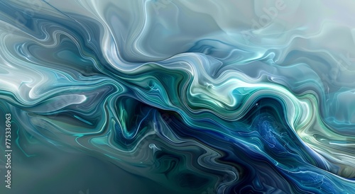 A digital art piece featuring an abstract representation of wind, with swirling lines and fluid shapes in shades of blue, green and silver against a grey background. abstract modern backdrop