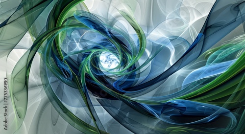 A digital art piece featuring an abstract representation of wind, with swirling lines and fluid shapes in shades of blue, green and silver against a grey background. abstract modern backdrop © Olga