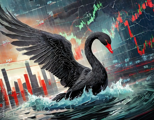 Illustration of a black swan disturbing the financial markets, symbolizing unpredictability amidst turbulent stock market charts