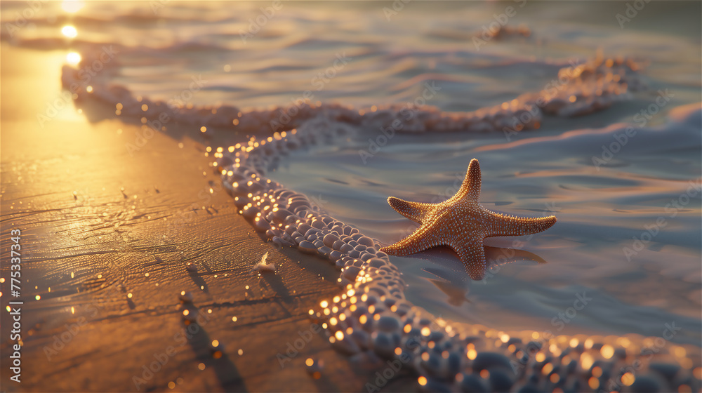 Starfish on the beach near the water edge.