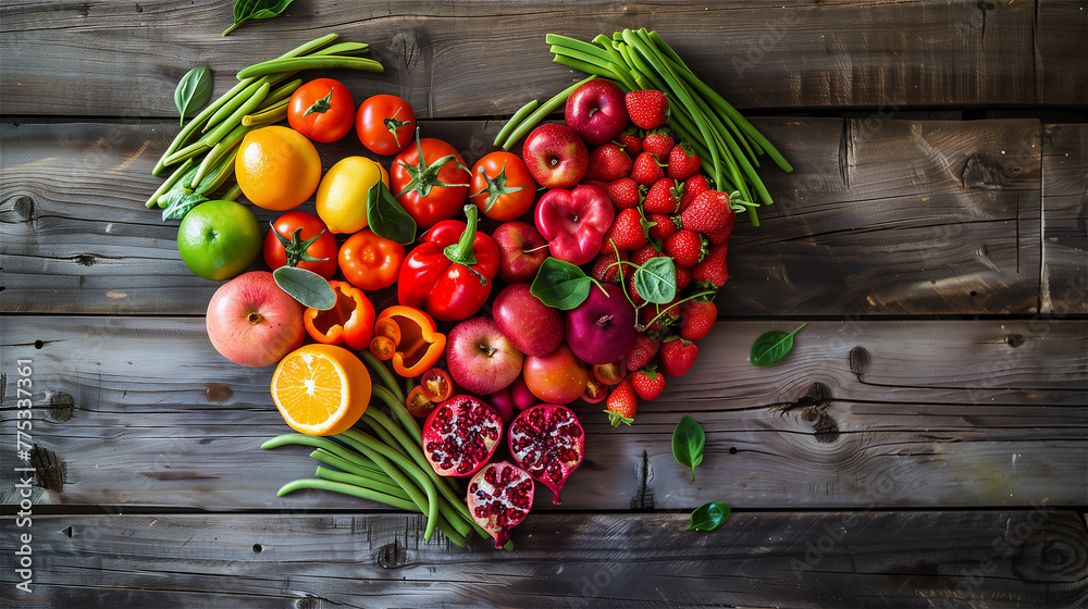 Healthy vegetables and fruits arranged in the shape of a heart on rustic boards.
