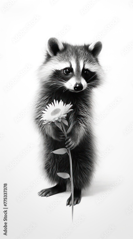 Obraz premium A raccoon holding a flower in its paws. Concept: Valentine's Day.