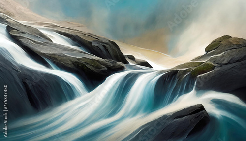 Abstract art of noisy speedy stream water flowing over rocks. photo