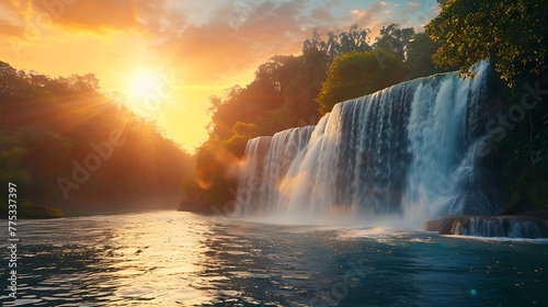 Dramatic sunrise illuminates cascading waterfall © MuhammadInaam