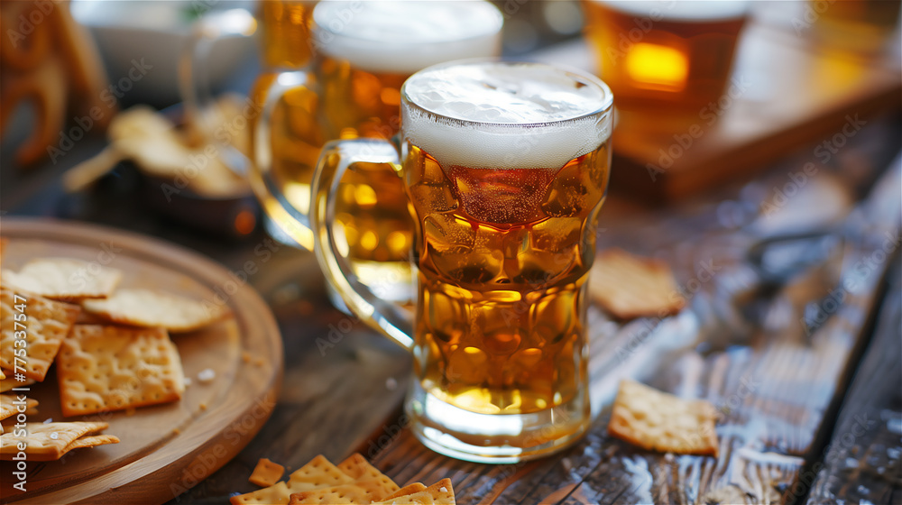 Pints of beer, chips and salty snacks on the table. Set of snacks and beverage soccer fan at home.