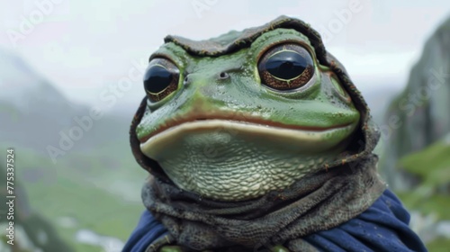 A close-up of a frog in a scarf against a mountain backdrop