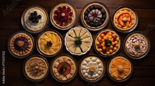 A table with a variety of fruit tarts and pies, showcasing different types of fruit and cake crusts.