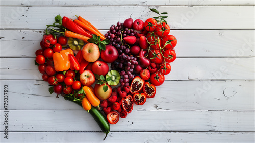 Obraz na płótnie Healthy vegetables and fruits arranged in the shape of a heart on rustic boards. w salonie