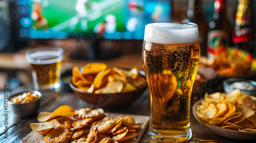 Pint of beer, chips and salty snacks on the table in front of televisor witch show off football match.Set of snacks and beverage soccer fan at home.