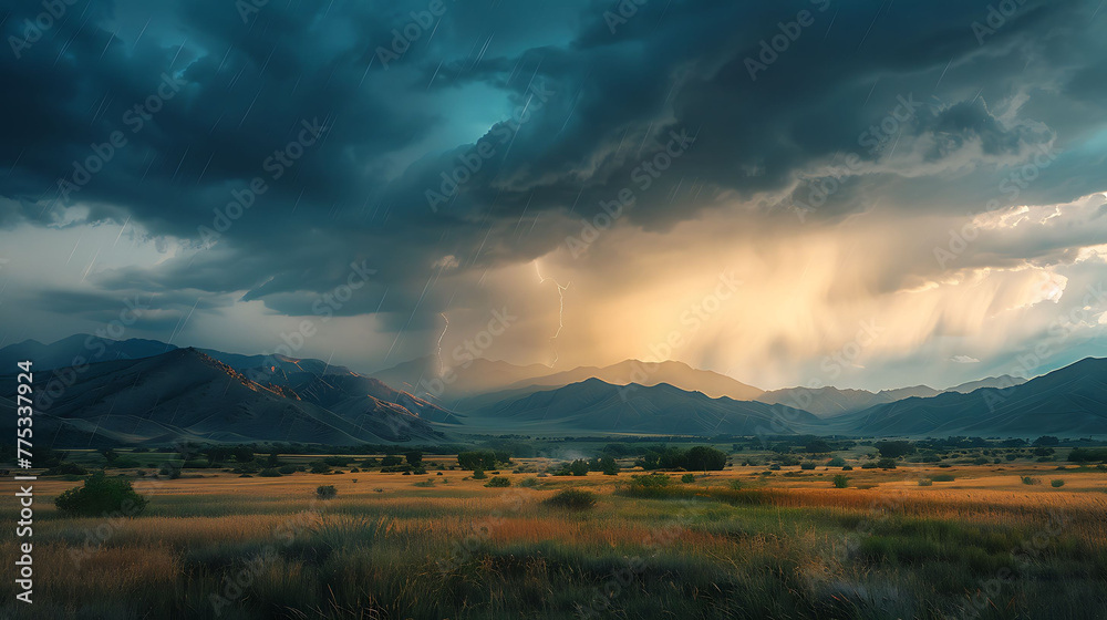 drama of a storm brewing over distant mountain ranges