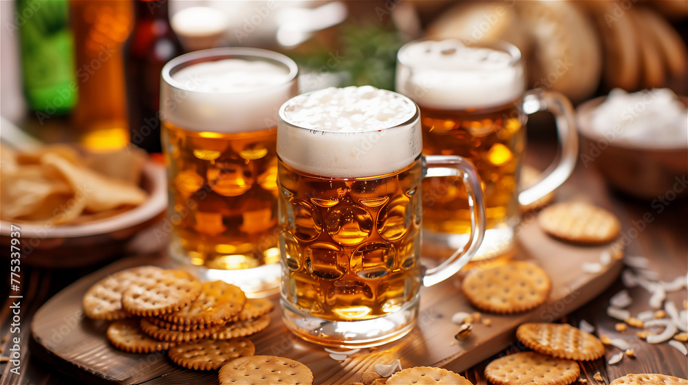 Pints of beer, chips and salty snacks on the table. Set of snacks and beverage soccer fan at home. Pints of beer, chips and salty snacks on the table. Set of snacks and beverage soccer fan at home.