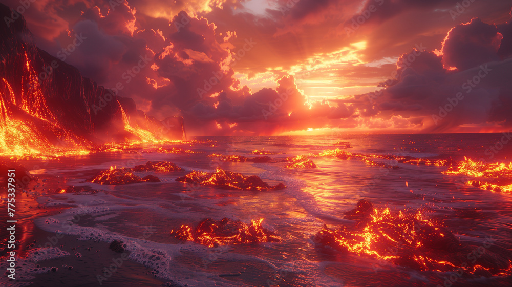 A fiery sunset over a rocky beach with lava flowing into the ocean. AI.