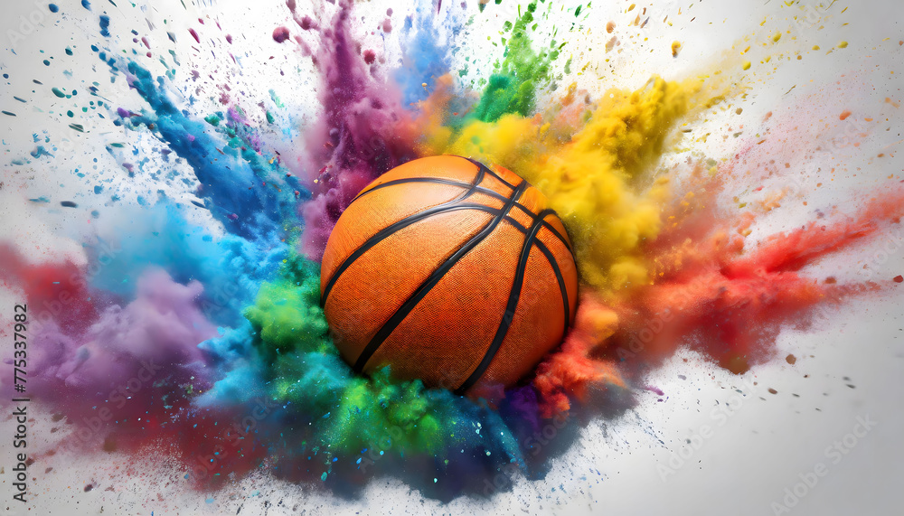 Dynamic Burst: Colorful Rainbow Holi Paint Powder Explosion Featuring Prominent Basketball Dynamic Burst: Colorful Rainbow Holi Paint Powder Explosion Featuring Prominent Basketball