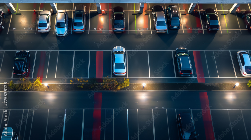 Semi crowded mall car parking, above view.