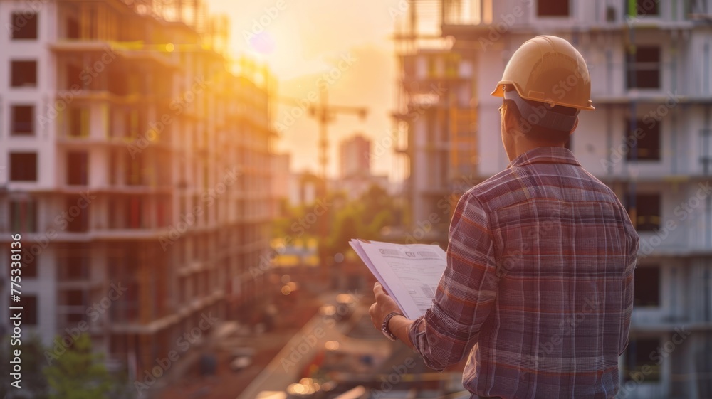 Architect overseeing construction site at sunset - A male architect in a checked shirt and hard hat reviewing plans against the backdrop of a construction site at sunset