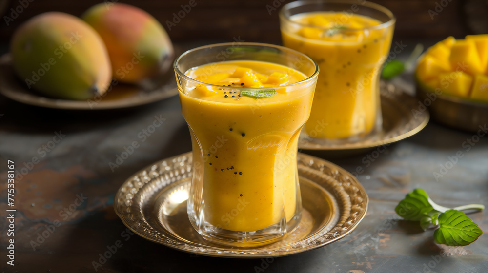 Glass of mango lassi Indian drink flavored with cardamom. Milkshake at plate on the table in kitchen.
