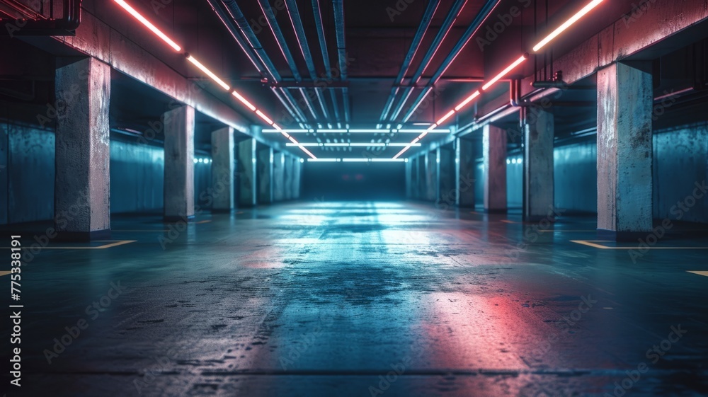 Neon glow illuminates an empty parking garage - A moody underground parking space with neon lights creating an atmospheric and slightly futuristic ambience Neon glow illuminates an empty parking garage - A moody underground parking space with neon lights creating an atmospheric and slightly futuristic ambience