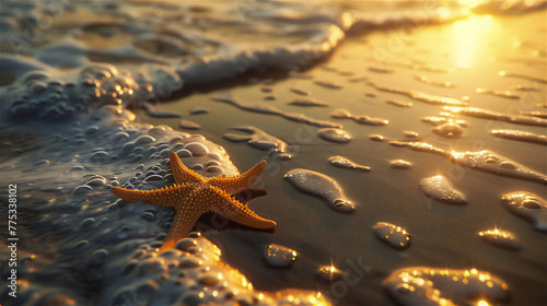 Starfish on the beach near the water edge.