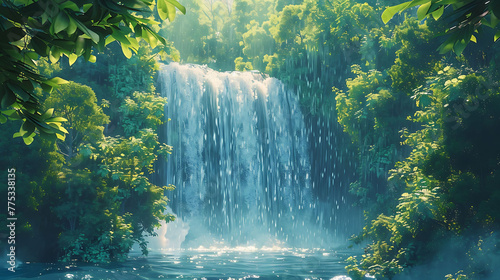 drama of a thundering waterfall framed by lush green foliage