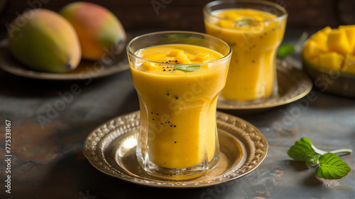 Glass of mango lassi Indian drink flavored with cardamom. Milkshake at plate on the table in kitchen.