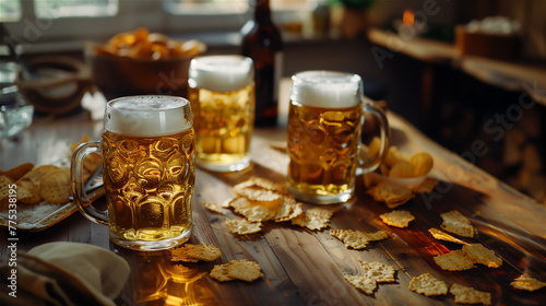 Pints of beer  chips and salty snacks on the table. Set of snacks and beverage soccer fan at home.