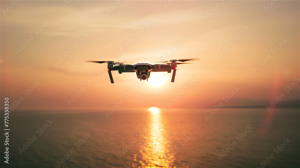 Drone flying during sunset.