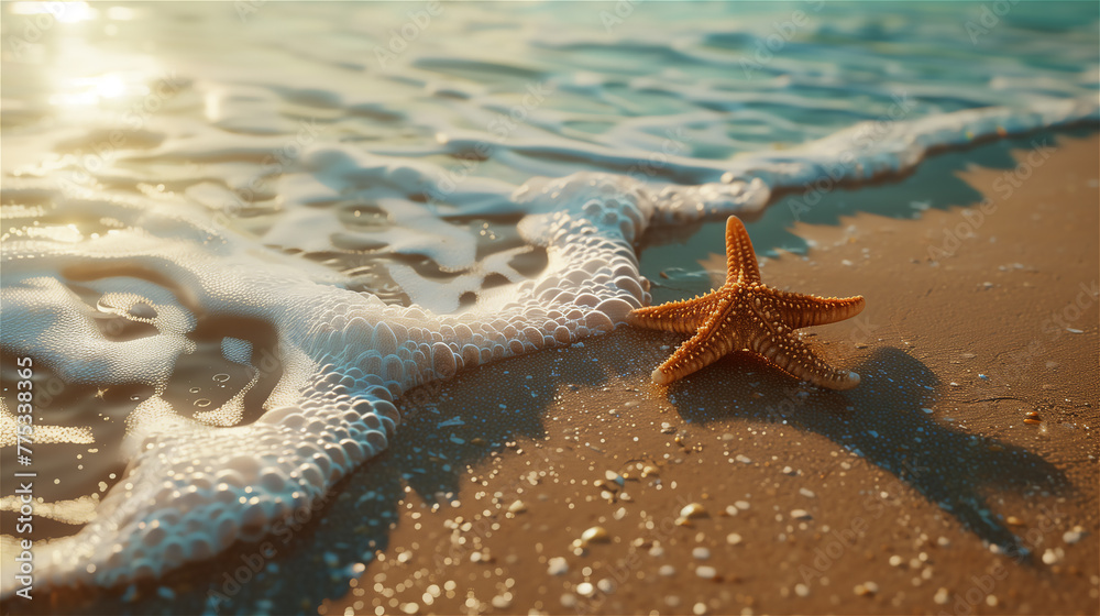 Starfish on the beach near the water edge.