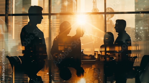 Silhouette of business people engaging in collaborative work within an office, epitomizing the essence of teamwork and partnership.