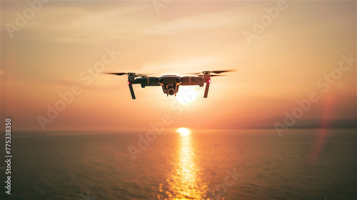 Drone flying during sunset.