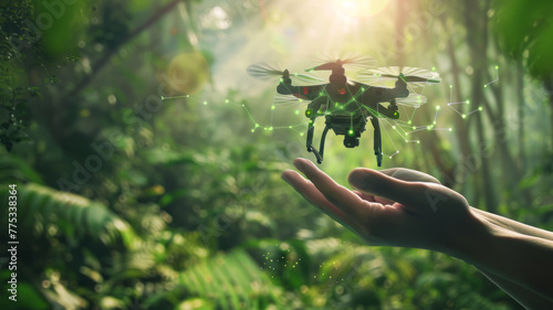 Illuminated drone hovering above a hand - A surreal depiction of a drone surrounded by digital connections in a forest, highlighting the fusion of technology and nature