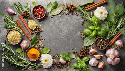 Spices and herbs for cooking arranged in frame with copyspace. Seasonings and spices top view