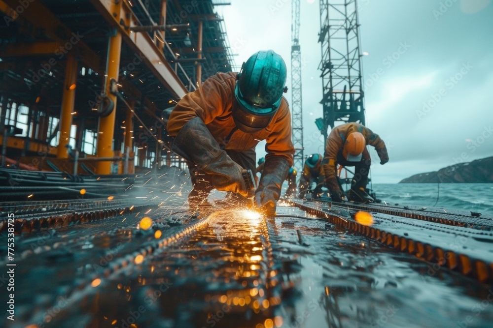workers in uniform and protective masks are welding the structure on the construction, AI generated workers in uniform and protective masks are welding the structure on the construction, AI generated