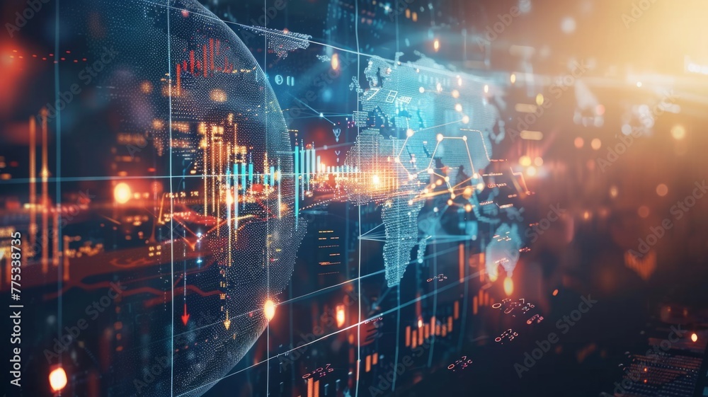 Abstract digital financial market data concept - Abstract digital interface with stock market data and world map projection, embodying concepts of global trade and financial analysis Abstract digital financial market data concept - Abstract digital interface with stock market data and world map projection, embodying concepts of global trade and financial analysis