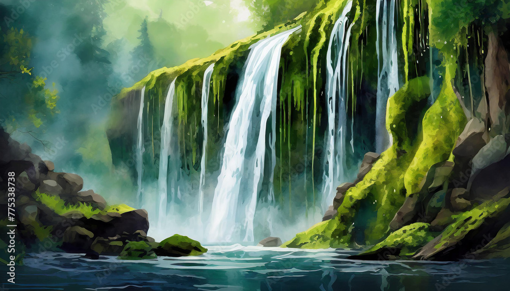 Obraz premium Big waterfall with green moss at the edge of it. Abstract art. Beautiful natural landscape.
