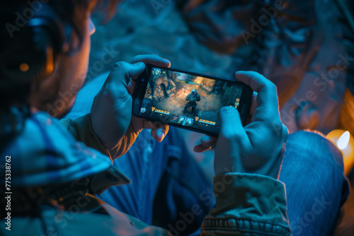 Young man playing a mobile game with headphones on, close-up hands