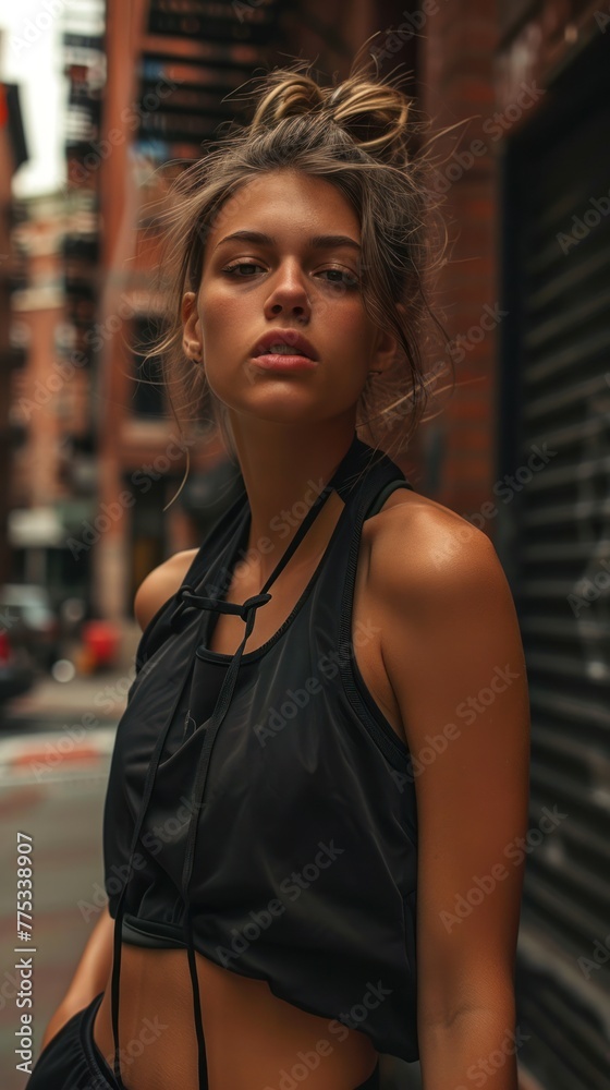 A woman with messy bun and smoky eyes, wearing a black crop top, stands on a city street.