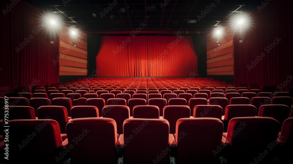 Fototapeta premium Empty cinema theater with red seats and curtains - An image capturing the ambiance of an empty cinema theater with vibrant red seats and curtains, conveying silence and anticipation