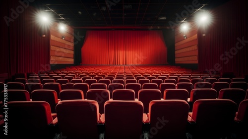 Empty cinema theater with red seats and curtains - An image capturing the ambiance of an empty cinema theater with vibrant red seats and curtains, conveying silence and anticipation